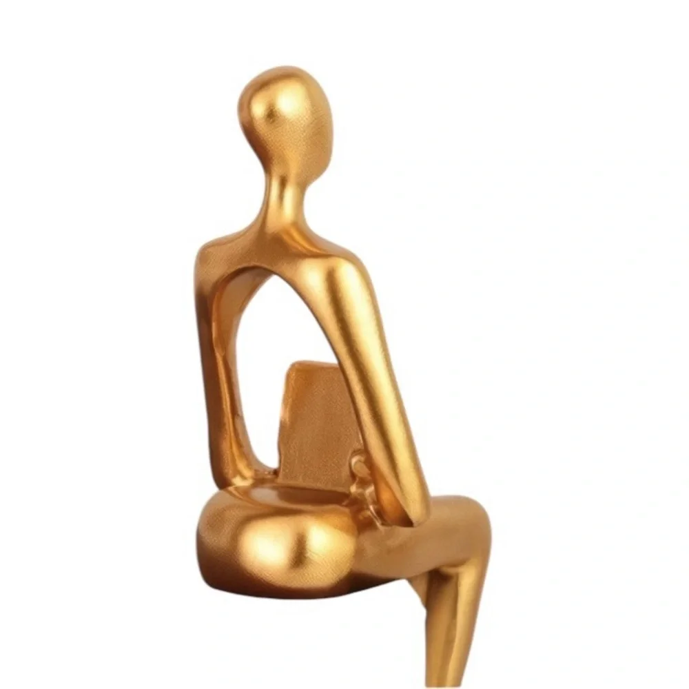 Abstract Modern Statue Figurine Gold Tone Shelf Sitter Woman Reader Holding Book